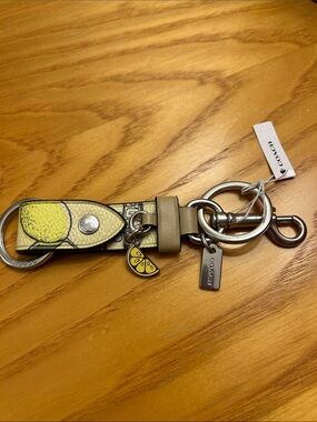 Coach Yellow Lemon Print Leather Key & Card Holder with Tan Trim